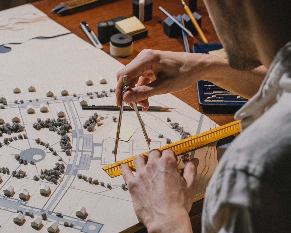 Architectural team planning mixed-use commercial layout