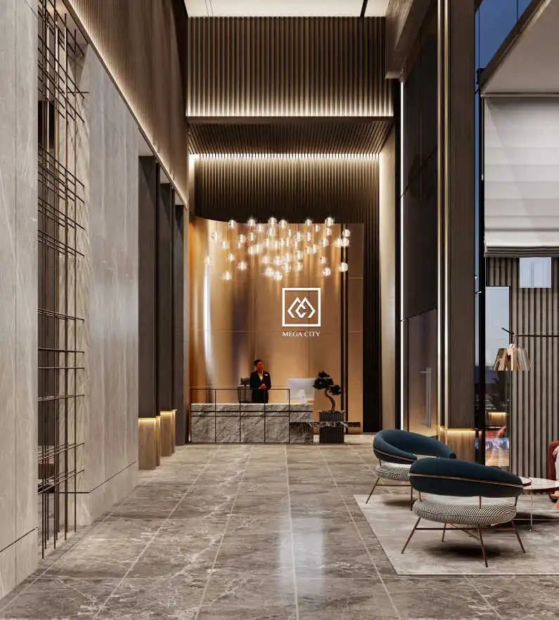MEGA-CITY reception lobby designed by Le MACON with luxurious interiors, smart lighting, and contemporary architectural elements